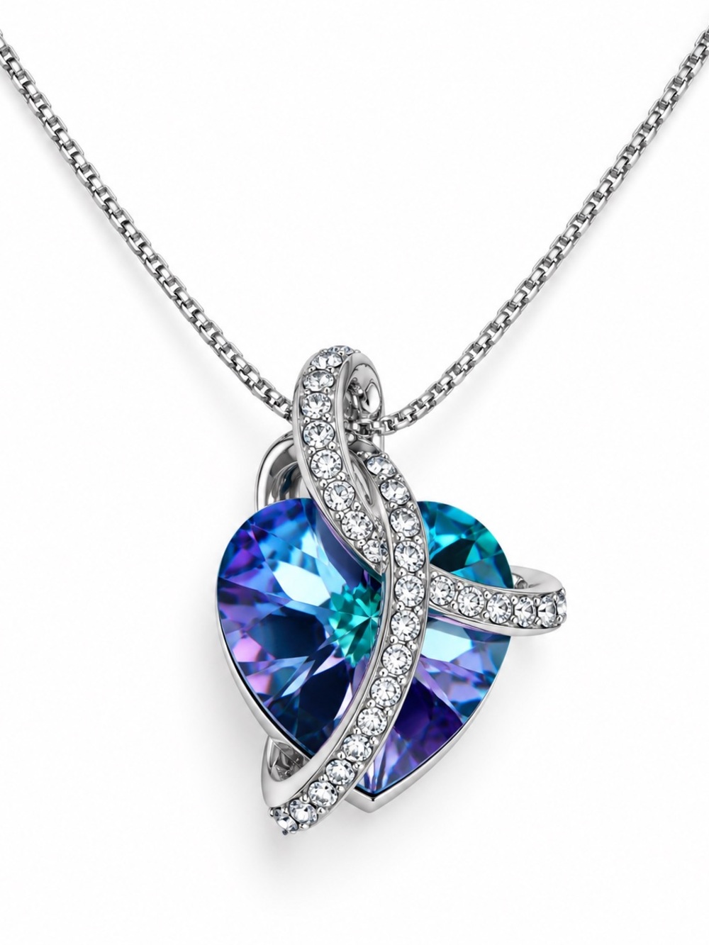 Angelady Silver Heart Pendant Necklace with Blue-Purple Crystal Brand New